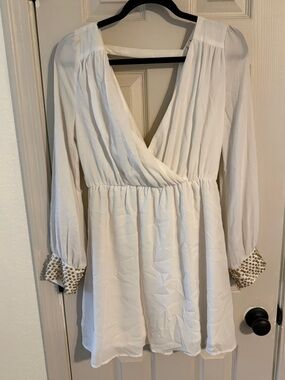 Pink Owl White Long-Sleeve V-Neck Mini Dress